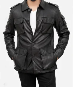 Men's Black Leather Field Jacket Front