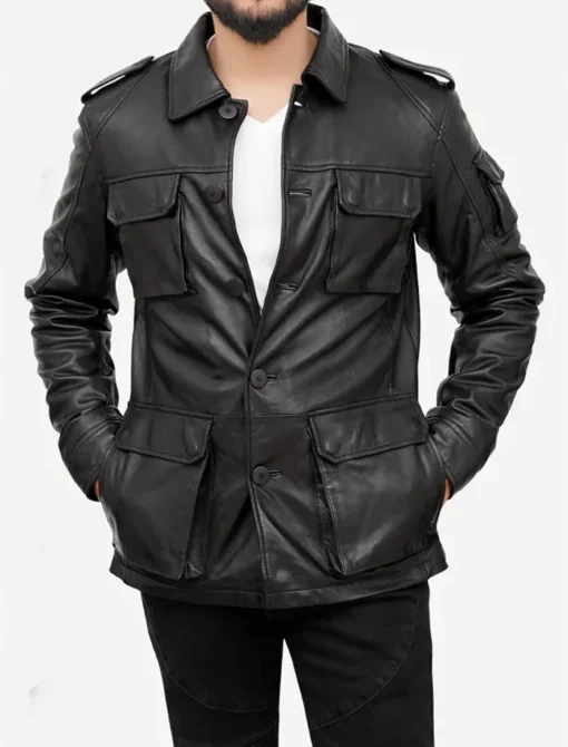 Men's Black Leather Field Jacket Front