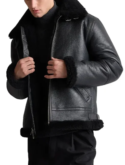 Men's Black Shearling Leather Jacket For Sale
