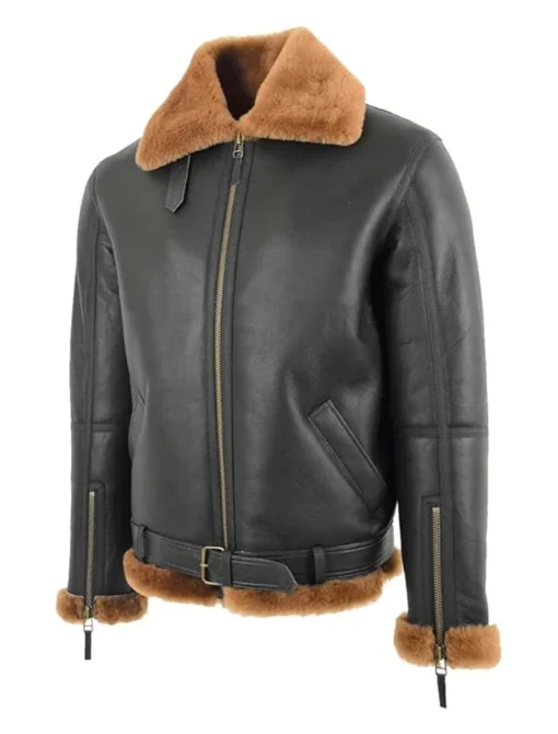 RAF Black B-3 Bomber Shearling Jacket Side Look